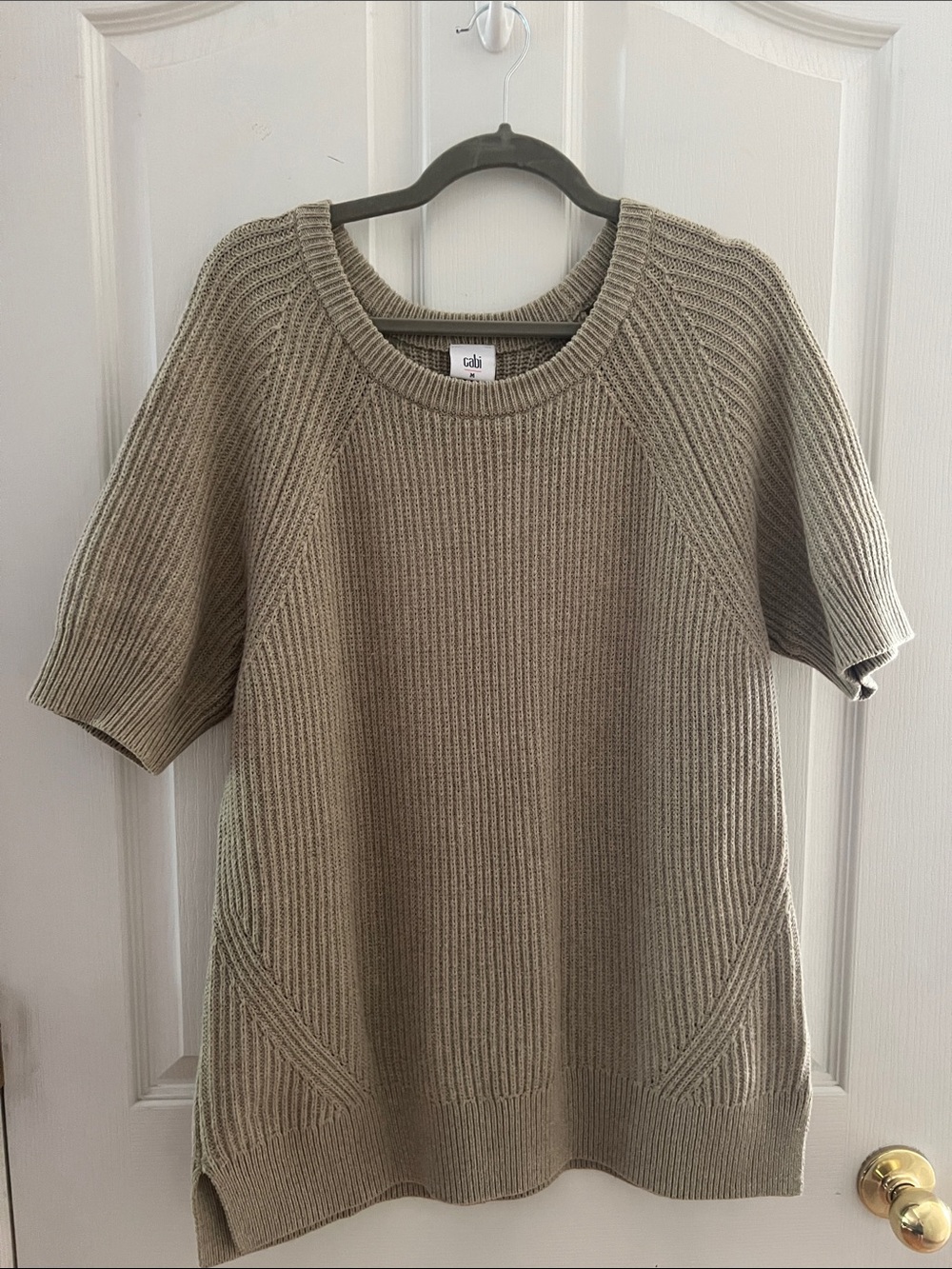 CAbi Short-Sleeve Ribbed Sweater Top in Taupe